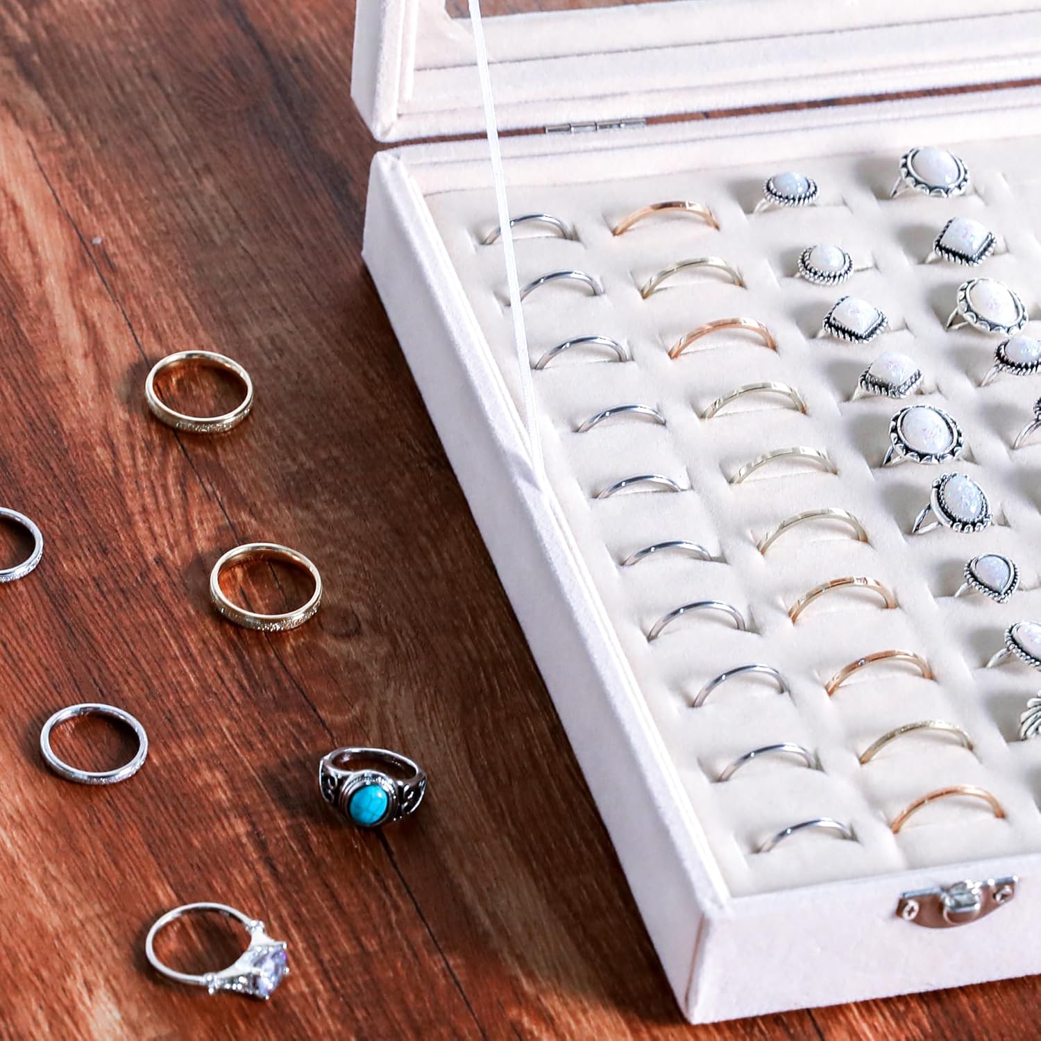 Frebeauty Ring Organizer Tray 100 Slots Ring Holder with Clear Lid Velvet Storage Box Jewelry Tray for Jewelry Store Earring Display Case for Jewelry Show Studs Box for Women(White)