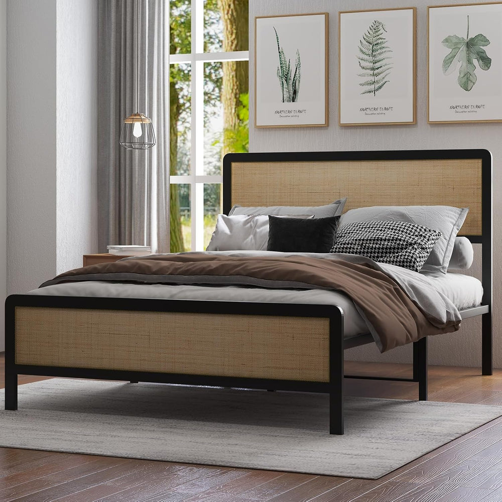 CABIHOME Rattan Queen Size Bed Frame with Natural Cane Headboard, Boho Platfo...