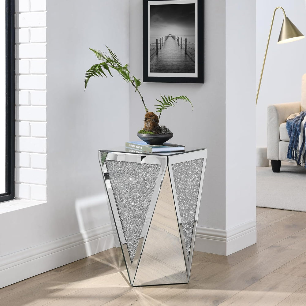 Mirrored End Table Modern Inverted Triangular Side Table with Crystal Design ...