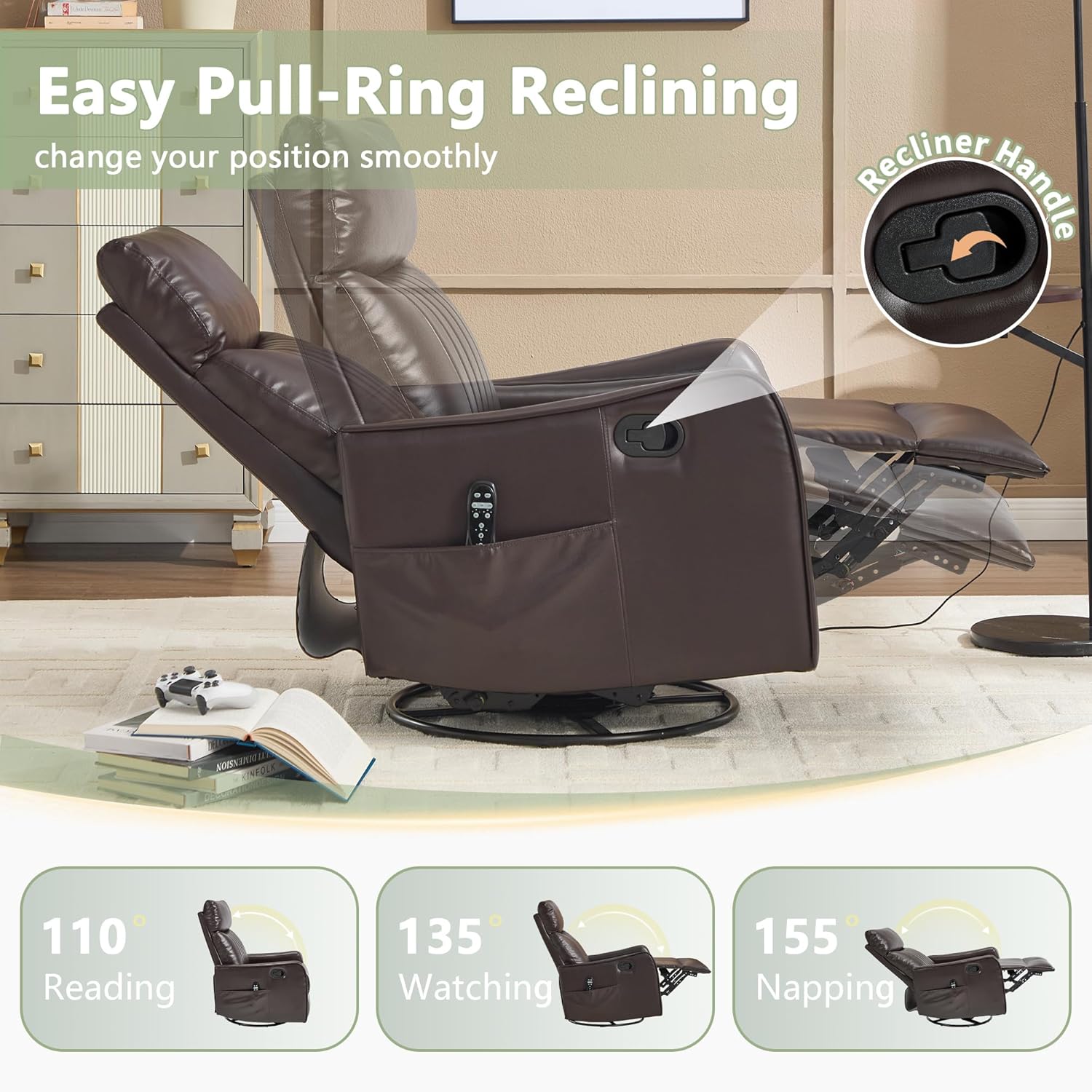 cinkehome Swivel Rocker Recliner, Glider Rocker Recliner Chair for Nursery, Manual Reclining Chair with Heated Massage, Small Spaces, Living Room, Faux Leather Brown