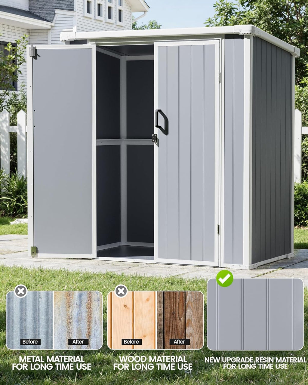 5x3 Resin Garden Sheds & Outdoor Storage on Clearance, Weather-Resistant Plastic Shed with Floor and Lockable Door for Garden Tools, Lawn Mower, Bike, Backyard Organization, Aritic Light Grey