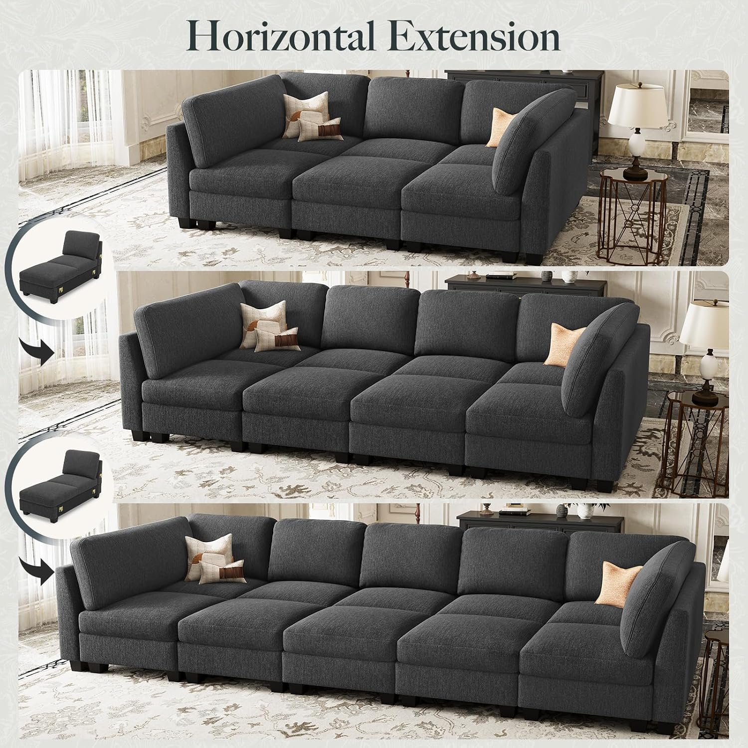 Belffin Modular Sectional Sleeper Sofa Bed with Extendable Length Deep Seat Cloud Couch for Living Room. Dark Grey