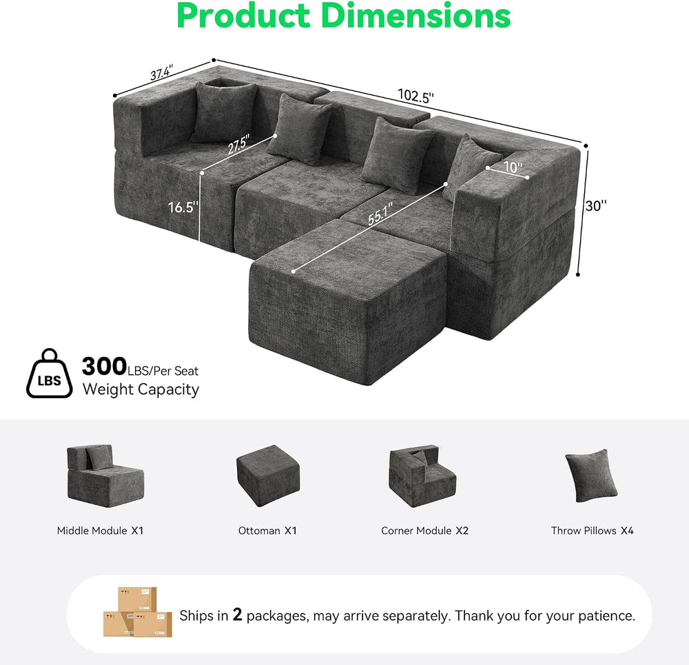 MONVANE L Shaped Sectional Couch Oversized, Chenille, Gray | 4-Seat Sectional...