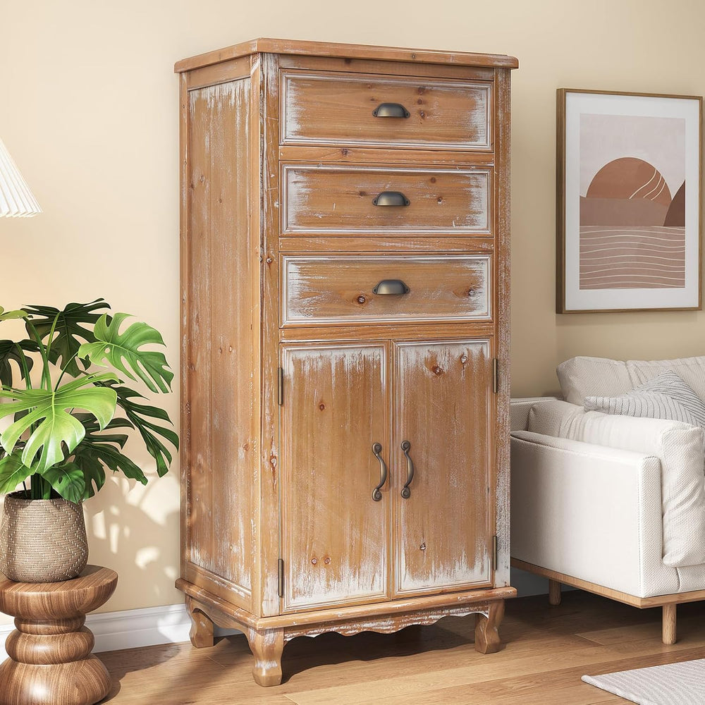 Rustic Tall Storage Cabinet - Distressed Solid Wood Frame Accent Cabinet with...