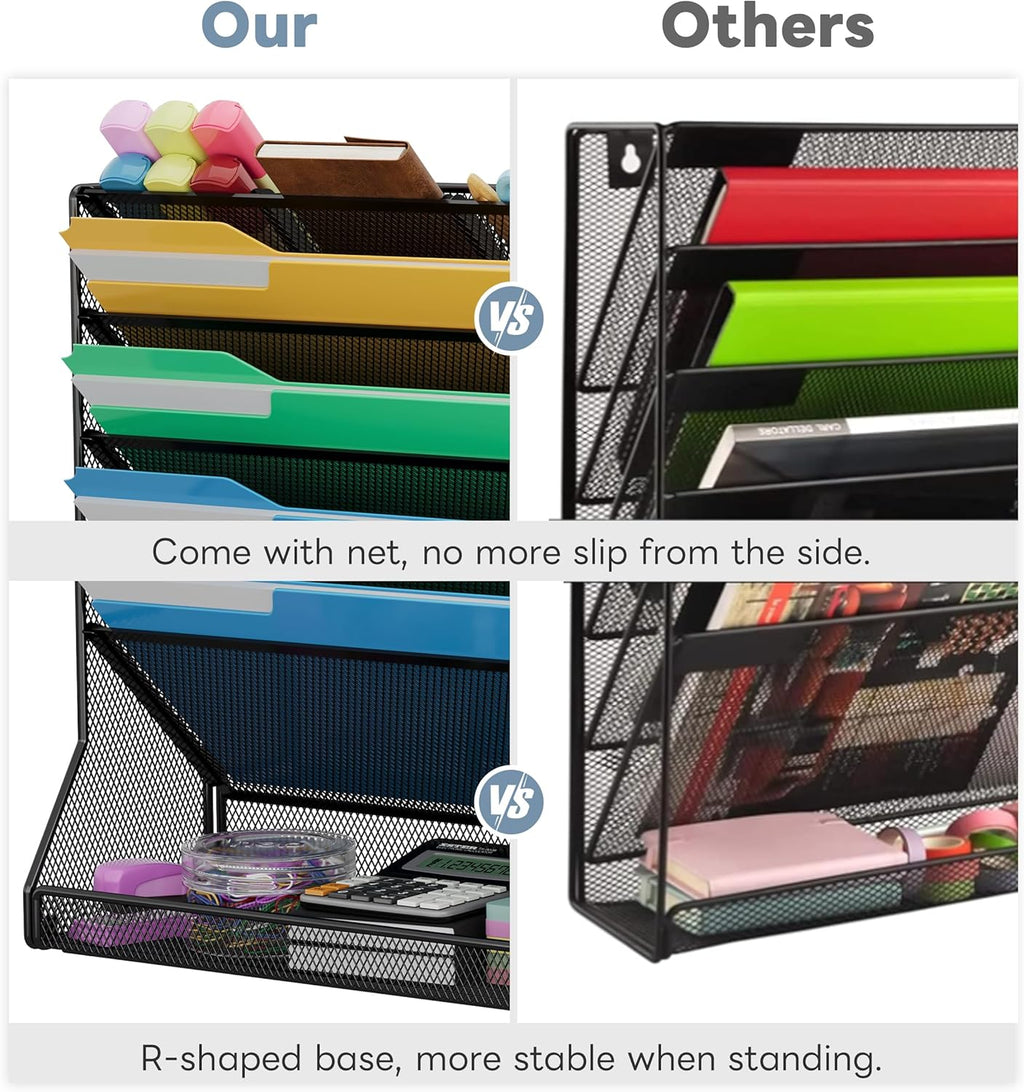 File Organizer Wall Mounted 5 Tiers, Durable Adjustable Metal Vertical Hanging, Stable R-Shaped Bottom 4 Pull-Out Deviders to Sort File,Mail,Newspaper,Pen, Suitable for Office,Black