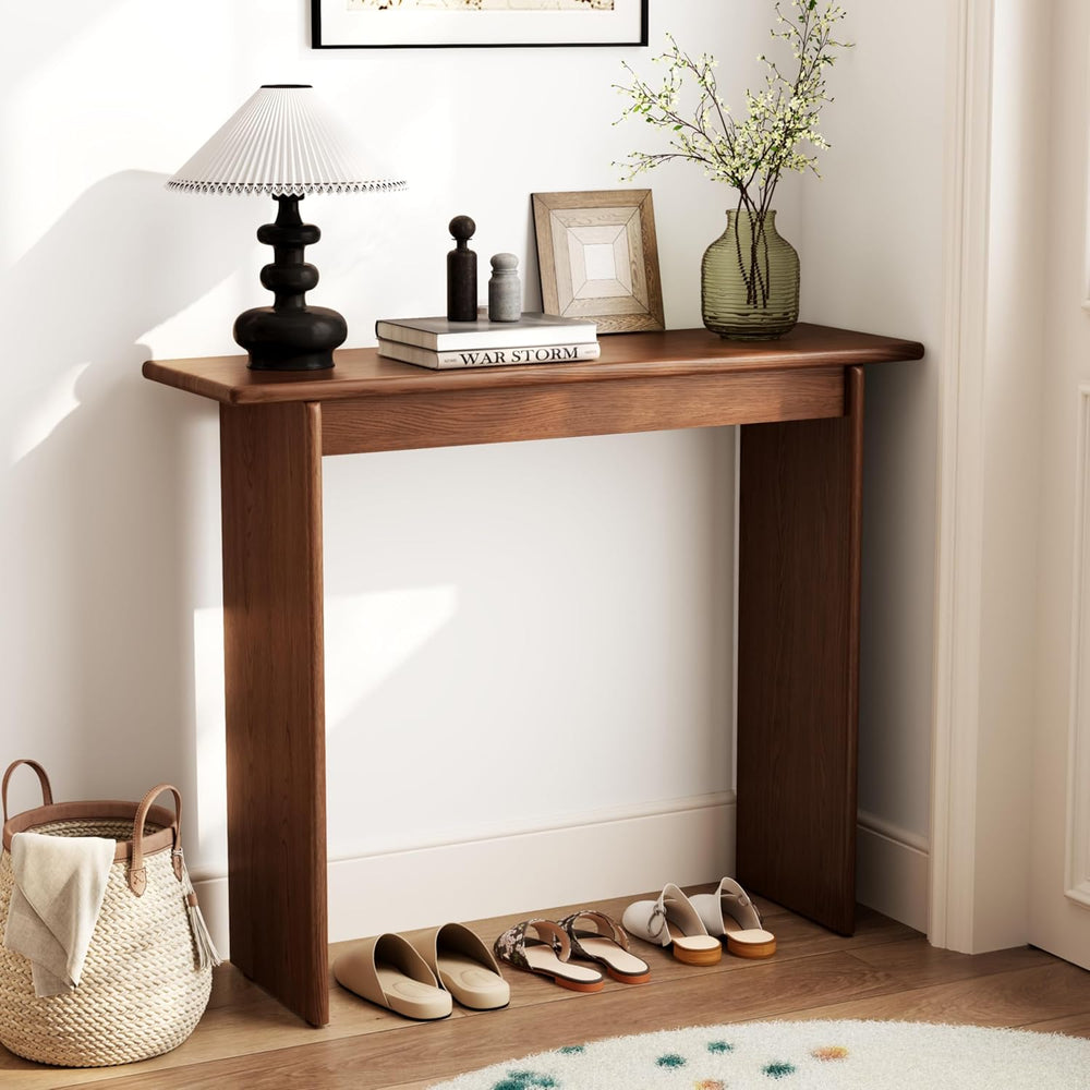 AQIMUELE Walnut Console Table Thin Rubberwood Minimalist Mid-Century Style | ...
