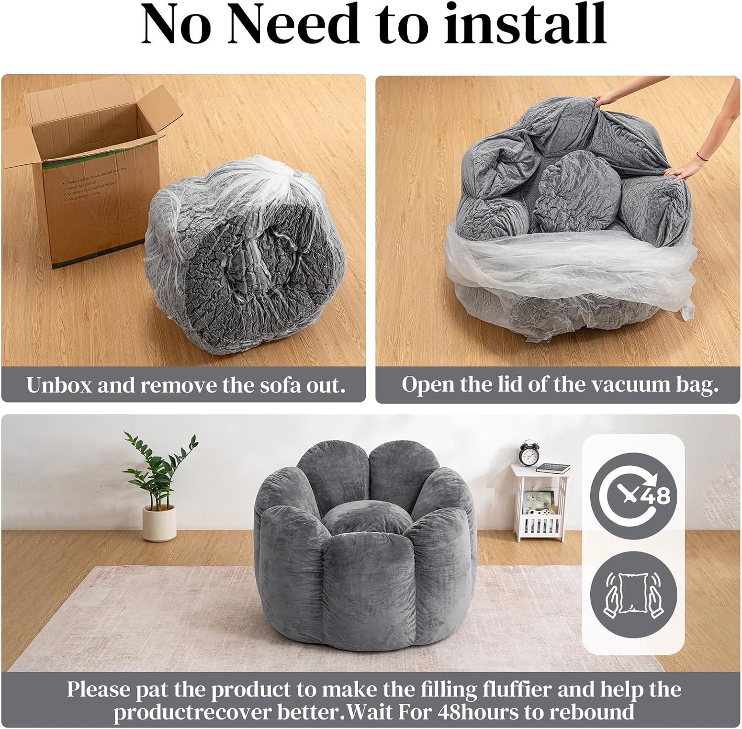 HOMMPA Bean Bag Chair for Adults Comfy Velvet Bean Bag Couch with Back Support Flower Shaped Oversized Sofa for Living Room,Bedroom,Dorm,Grey