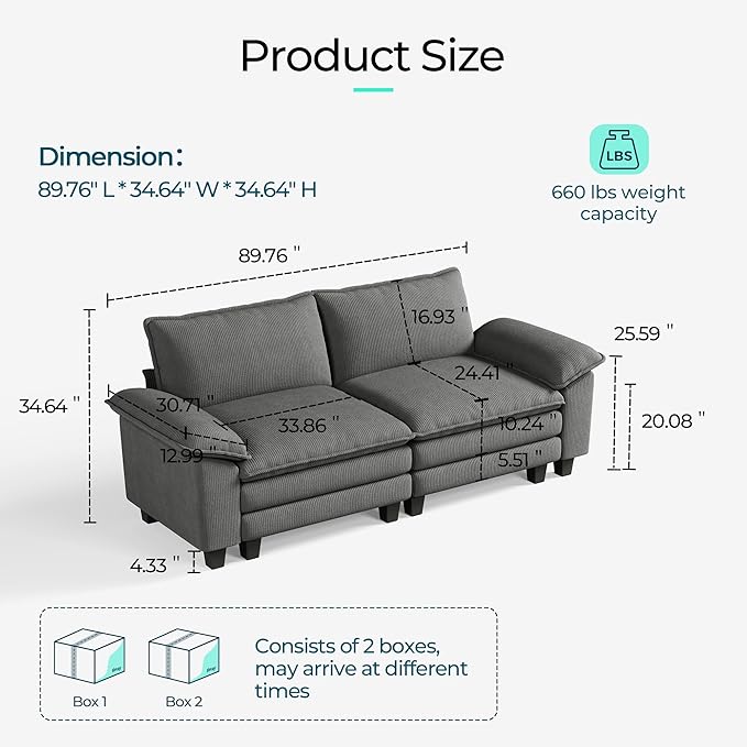 LINSY HOME 90'' Cloud Loveseat Sofa, Modular Sectional Couches Corduroy Cloud Couch Soft Modern Comfy Love Seat Sofa Set for Living Room Apartment Office, Grey