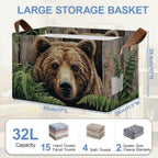 Vintage Bear Wooden Storage Baskets,Ferns Plants Foldable Large Capacity Organizer Bins with Waterproof Lining and Leather Handles for Closet, Shelf, Bedroom 17x11.5x10Inch