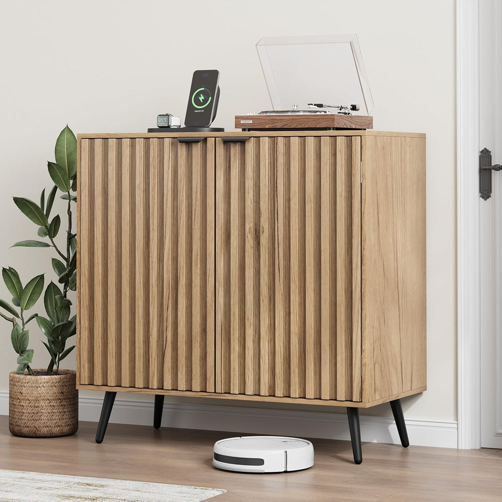 Smuxee Fluted Sideboard Cabinet, Freestanding Natural Buffet Cabinet with Adj...