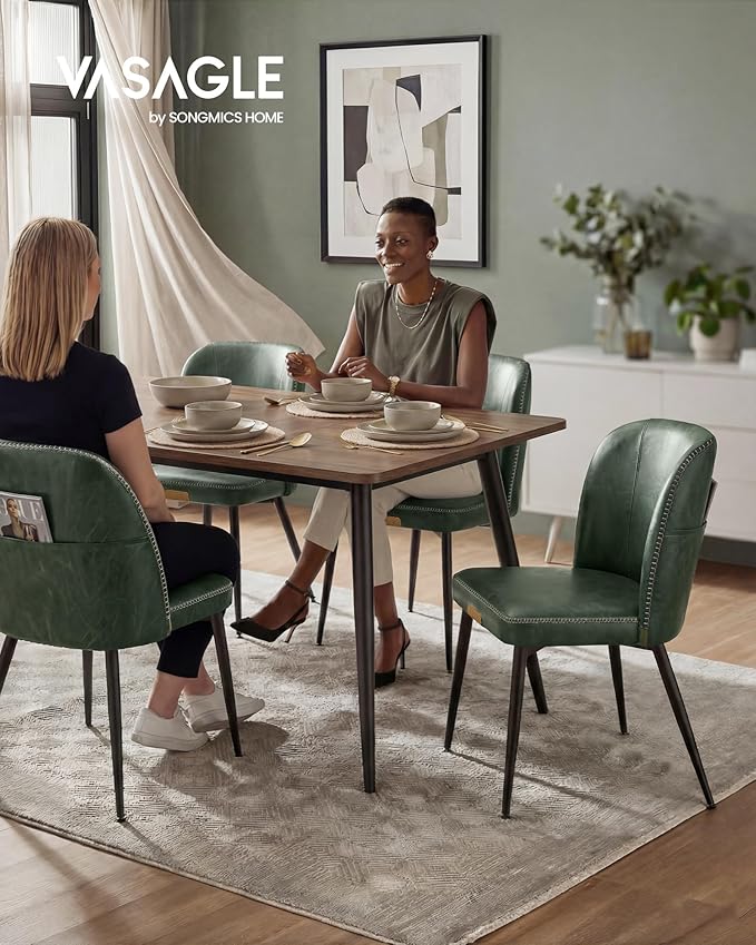 VASAGLE EKHO Collection - Dining Chairs Set of 2, Upholstered Kitchen Chairs, Comfortable Seat, Synthetic Leather with Stitching, Mid-Century Modern, Easy Assembly, with Storage Pocket, Forest Green
