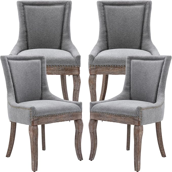Gray Dining Chairs Set of 4, Kitchen & Dining Room Chairs, Fabric Upholstered Dinning Chairs, Sillas De Comedor, Nailhead Trim, Wood Legs (Grey, 4 Pcs)