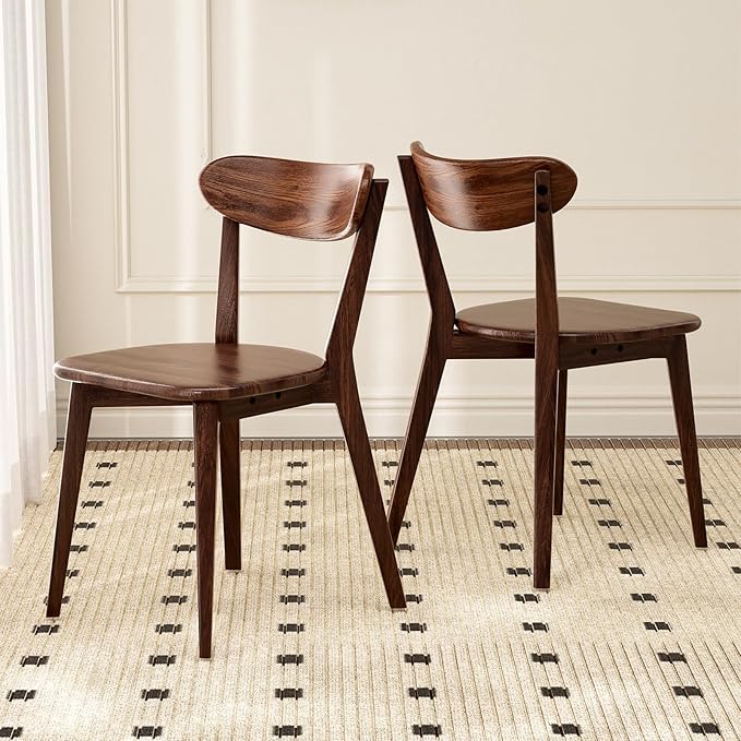 Solid Wood Dining Chairs,Mid Century Modern Dining Chairs with Comfortable Curved Backrest,Wood Chairs for Kitchen,Dining Room (2, Walnut Color)