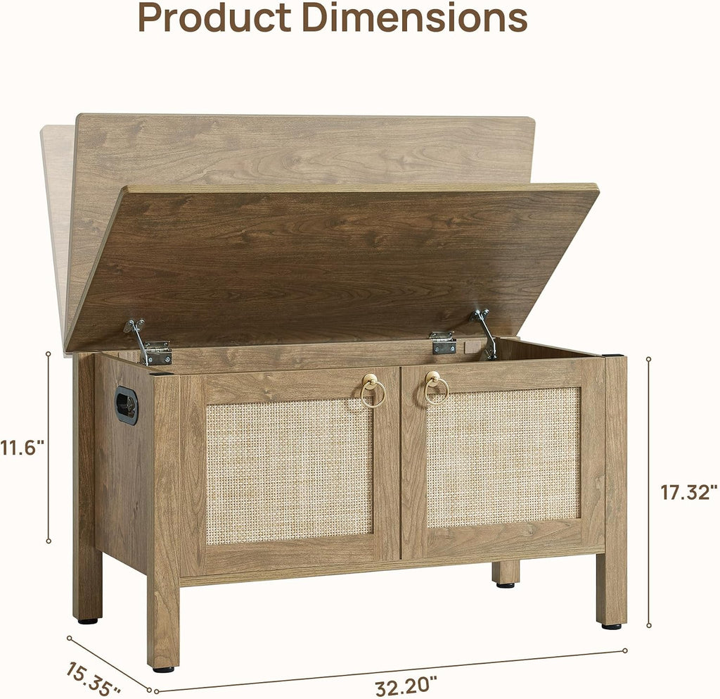 SICOTAS Rattan Storage Bench Boho Storage Chest with 2 Safety Hinges | Wood Storage Truck Box for Bedroom, Living Room, Entryway, Supports 220 lb
