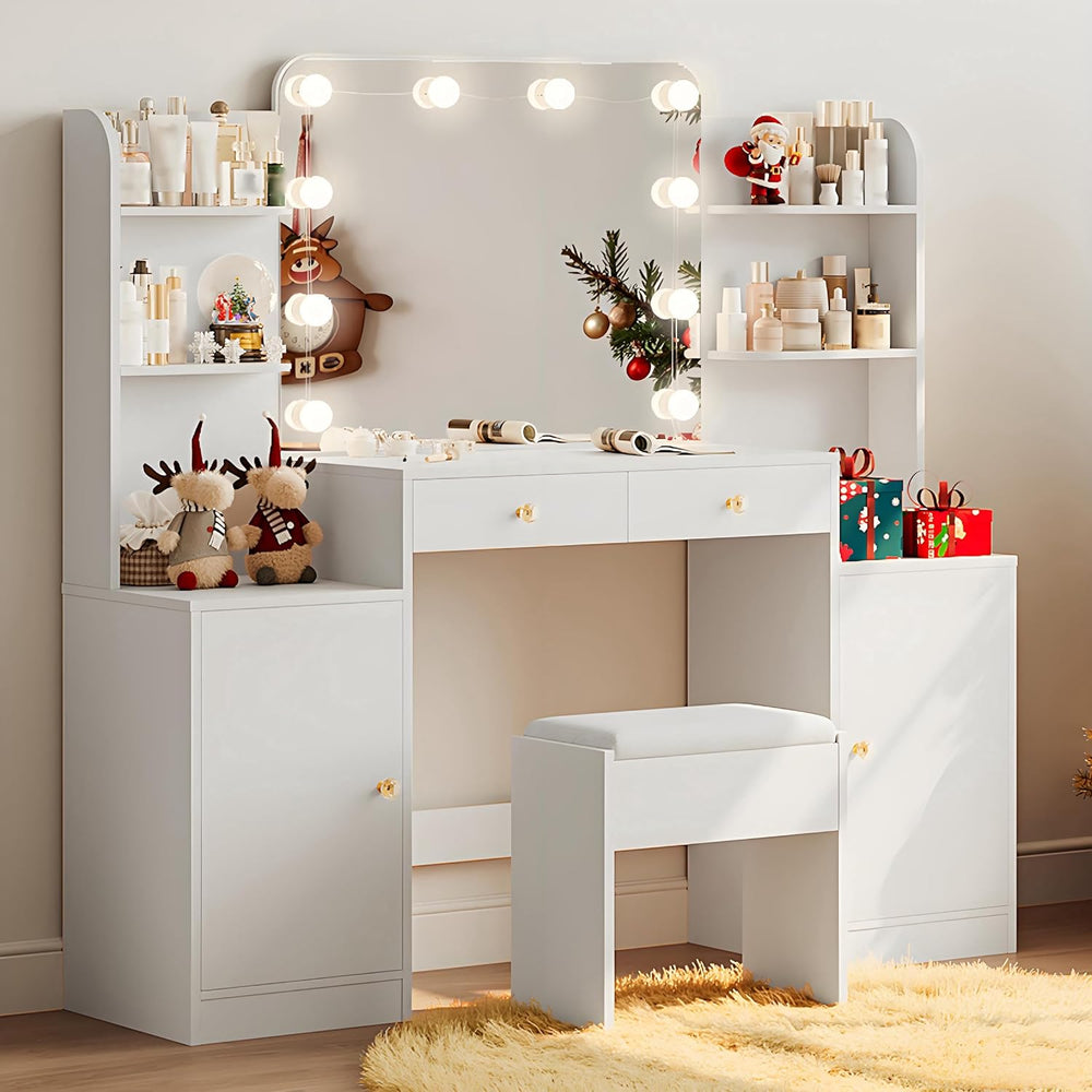wanan Vanity with Chair, Large Vanity Set with Mirror, Lights & Outlet | ...