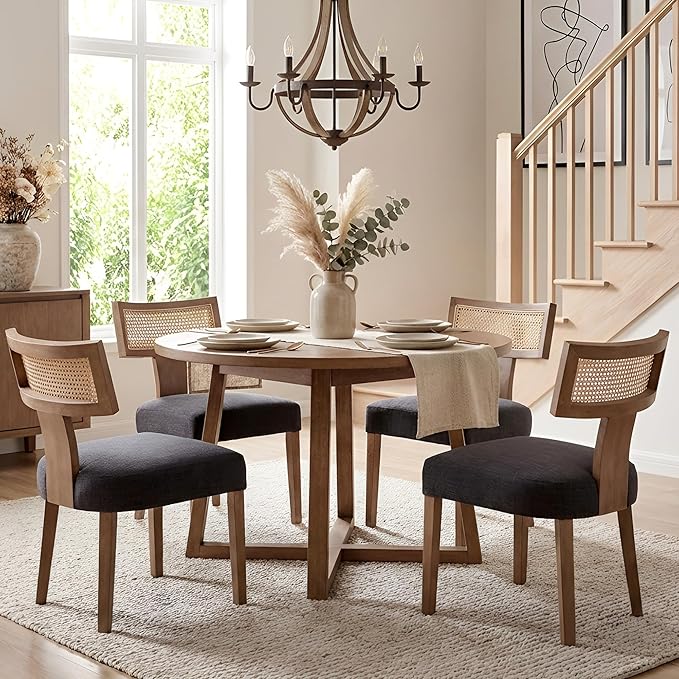 HNY Mid Century Modern Rattan Dining Chairs Set of 2, Farmhouse Linen Upholstered Accent Chair Curved Backrest Kitchen Chairs, with Hardwood Frame, Charcoal