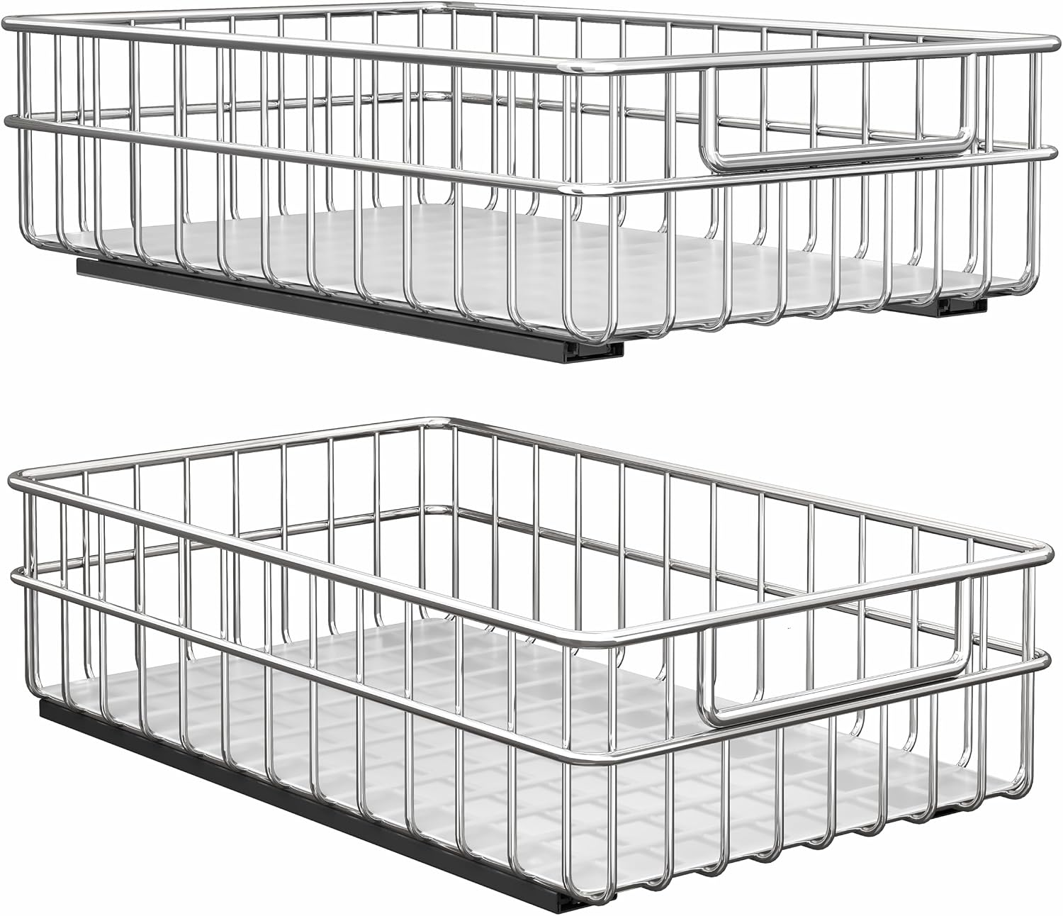 Pull out Cabinet Organizer, Stainless Steel 2-Pack Slide out Drawer with Silent Full-Extension Slides, Adhesive Roll out Can Spice Storage Basket Shelf Rack for Pantry, Kitchen, Bathroom, Home Closet