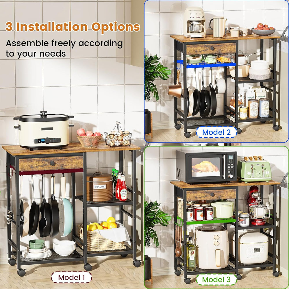 Microwave Stand, Coffee Cart, Microwave Cart with Wheels & Adjustable She...