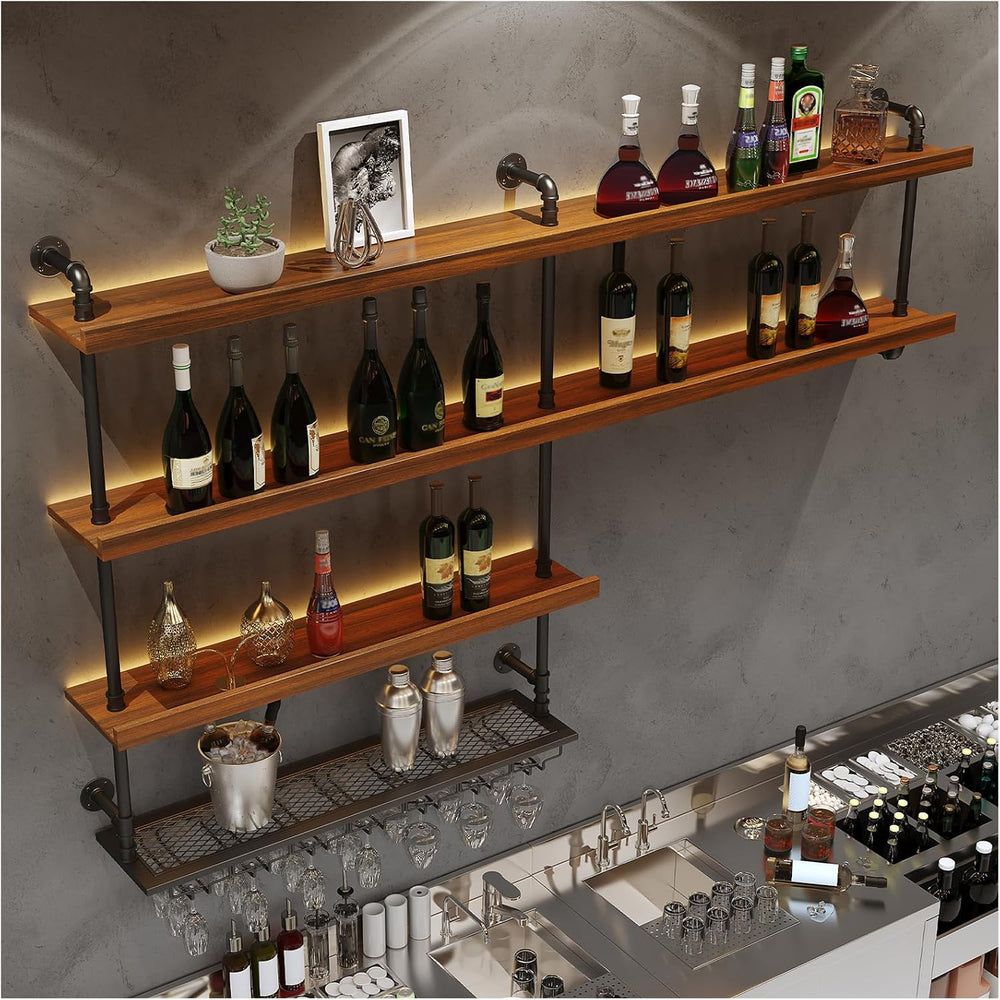 Solid Wood LED Wall Mounted Wine Rack (51.2 in/ 130CM) | 4 Tiers Liquor Bottl...