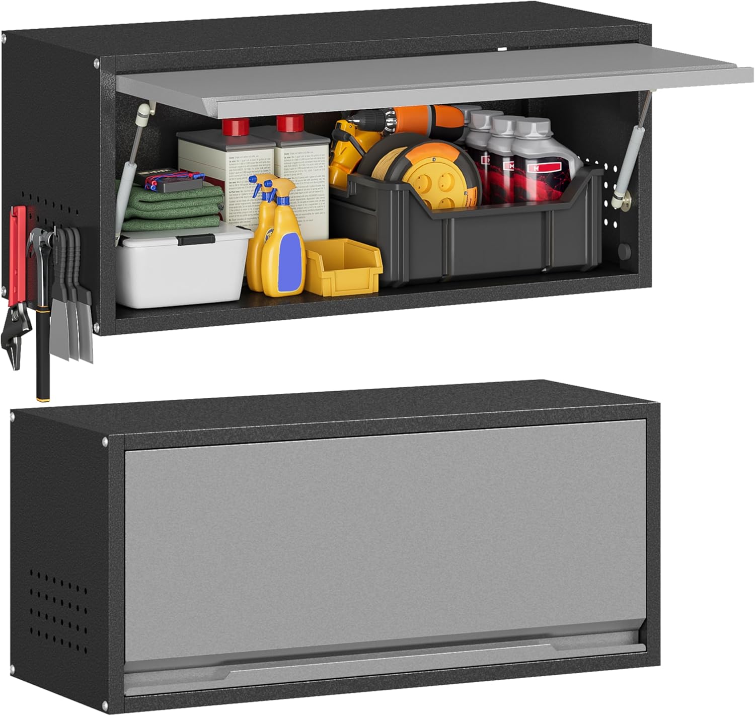 Metal Garage Wall Cabinet with Up-Flip Door,Wall-Mounted Steel Storage Cabinet, Float Tool Cabinet with Pegboard,Upper Cabinet for Kitchen,Garage,Workshop,Warehouse(13.8" H,Black&Gray)