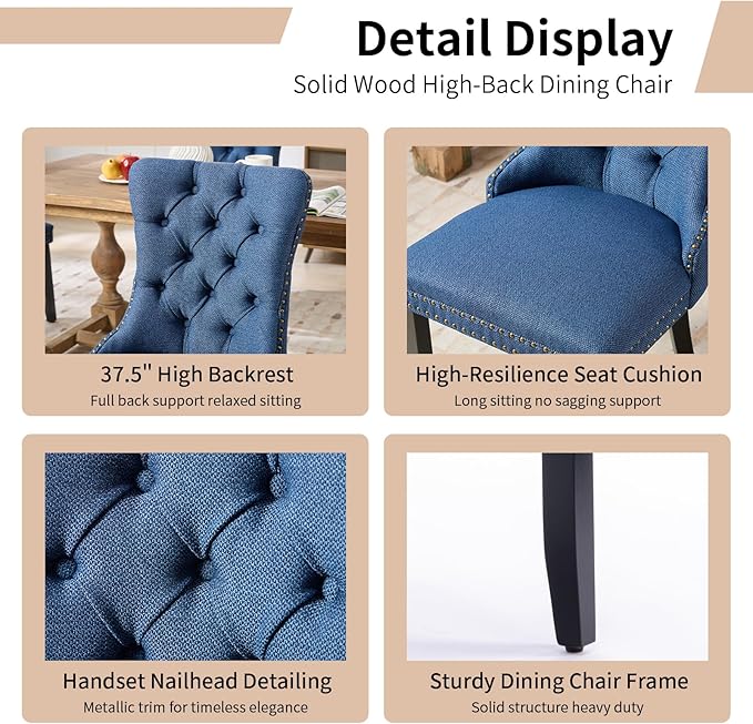 Modern Dining Chairs Set of 4, Tufted Upholstered Dining Chairs with Solid Wood Legs, Blue Linen Fabric Kitchen Chair, Sillas de Comedor, Comfy Kitchen Chair (Blue, Linen, 4Pcs)