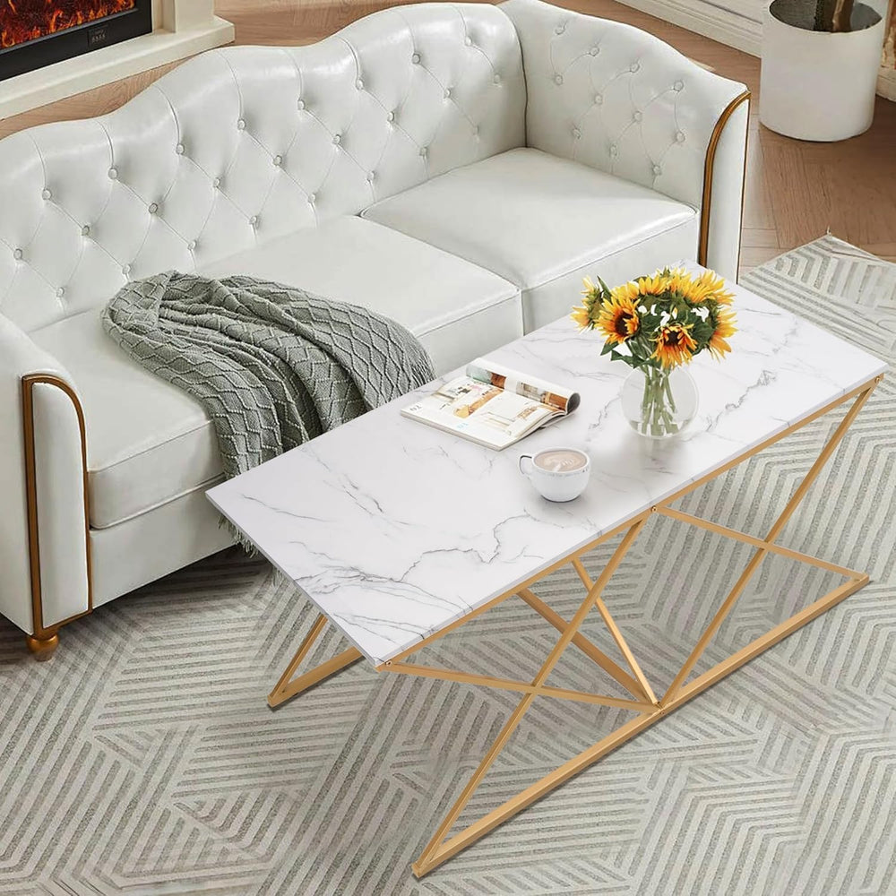 Modern Nesting Coffee Table Set of 3, Faux Marble Top with Golden Frame | Cof...