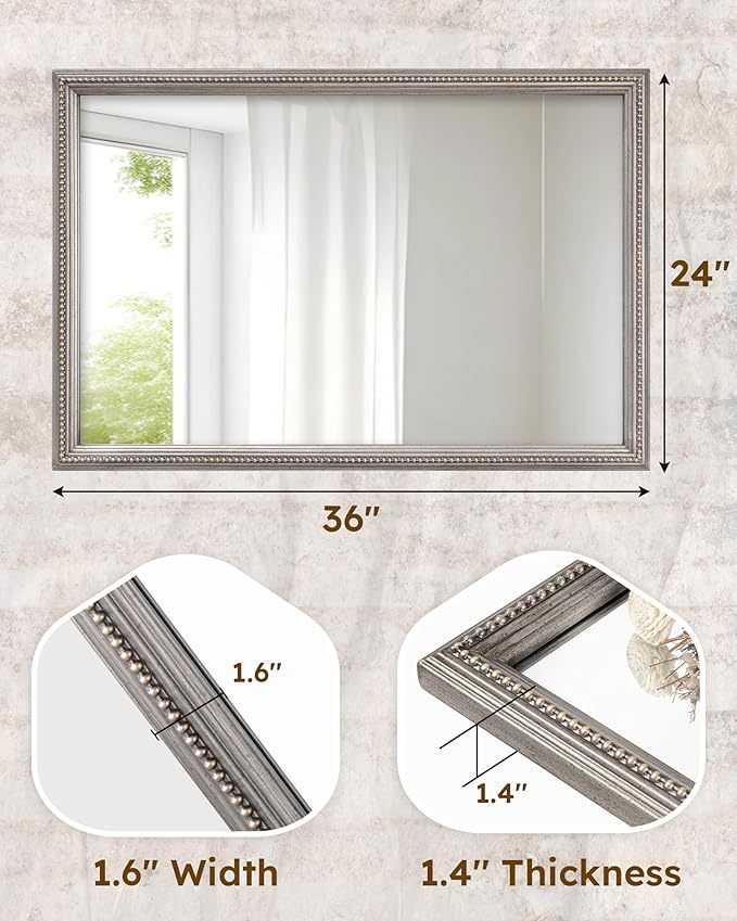 Axeman 24x36 Wood Wall Mirror, Rustic Bathroom Mirror, Vintage Wall Mounted Mirror Tempered Glass with Beaded Wooden Frame for Farmhouse Living Room Vanity Bedroom Entryway, Grey