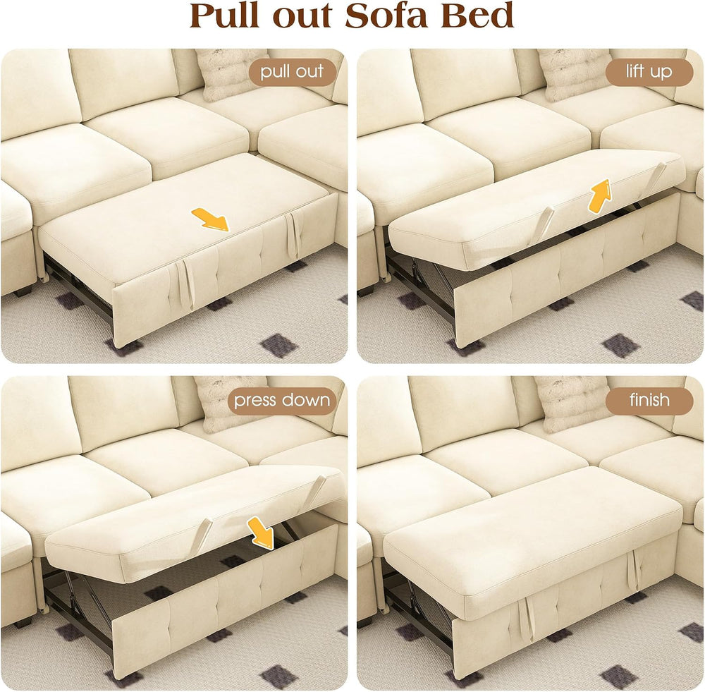 Ihanherry 106-inch Large L-Shaped Sectional Sofa Bed, 7-Seater Convertible Pu...