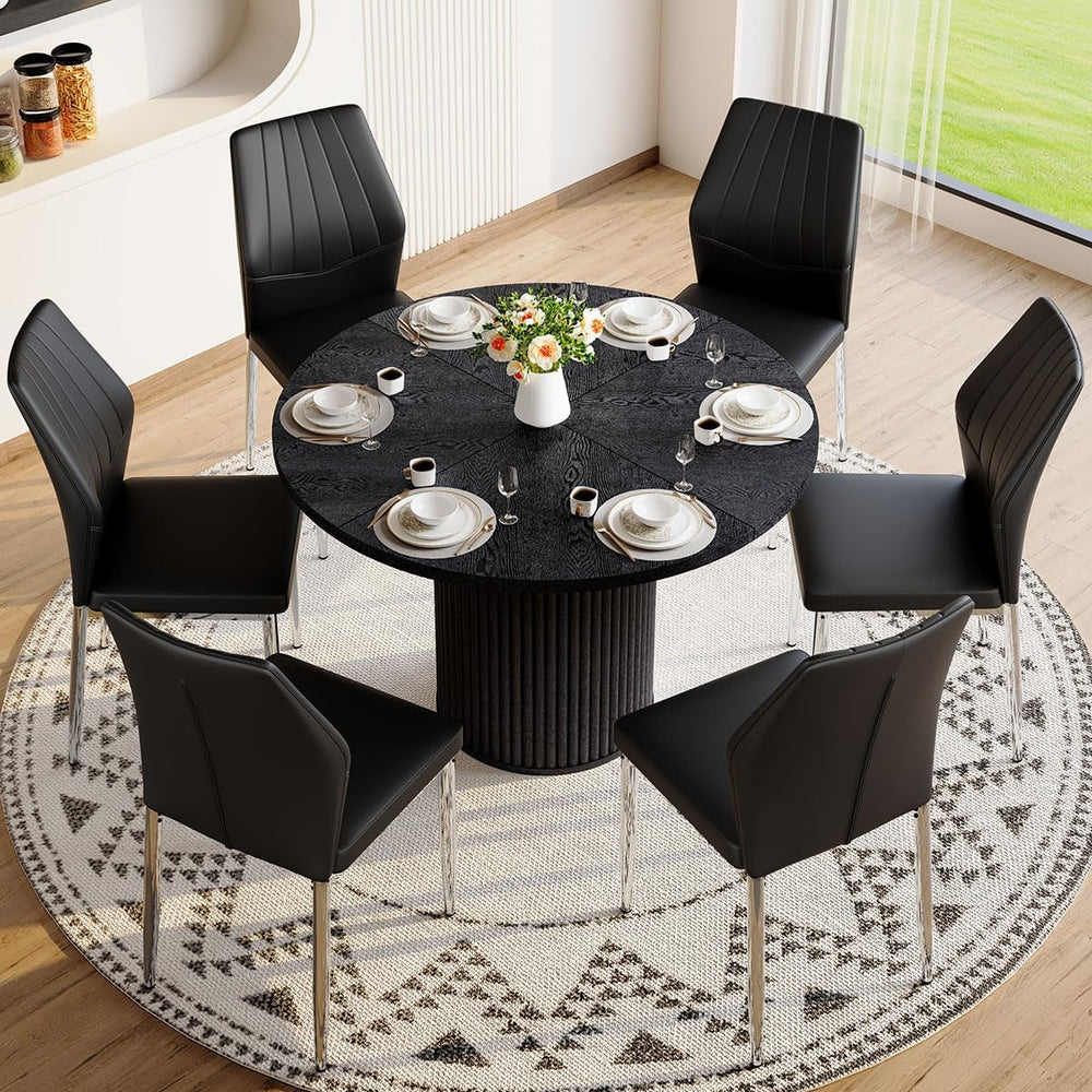 Round Dining Table Set for 6, Black Kitchen Table Set for 6 with 42''...