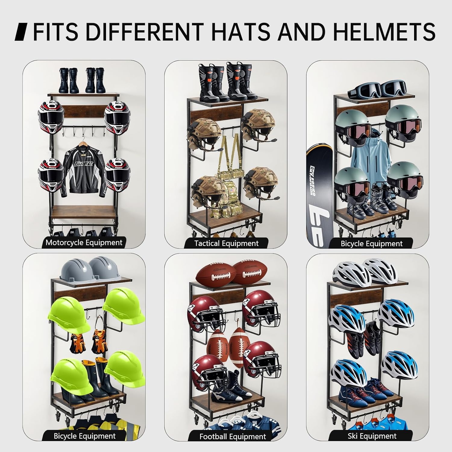 Motorcycle Helmet Rack, Wall Mount with 4 Glove Chips, 10 Hooks and Rustic Finish for Multiple Helmets and Clothes