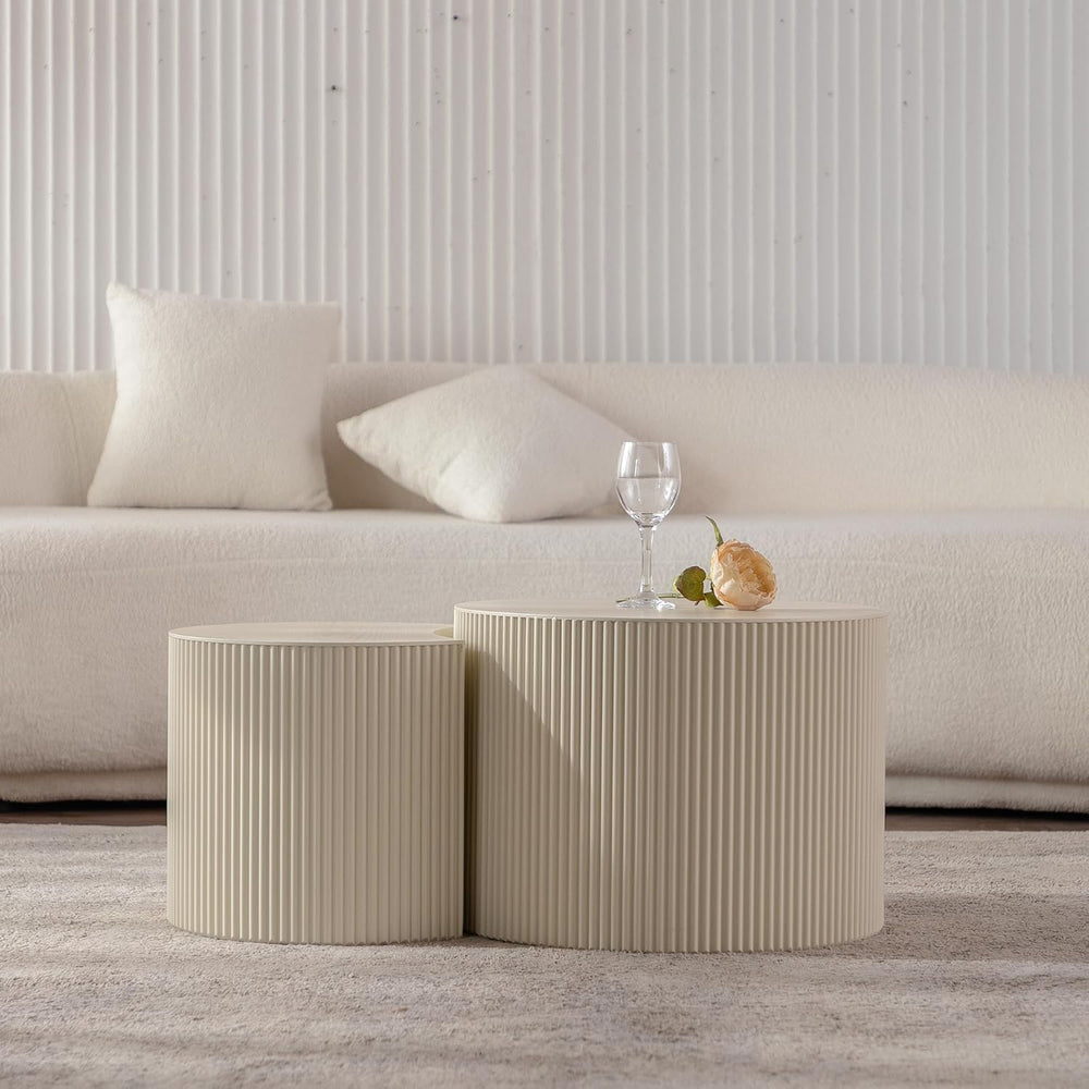 Nesting Coffee Table Set of 2, Round & Crescent Moon Wood Coffee Table an...