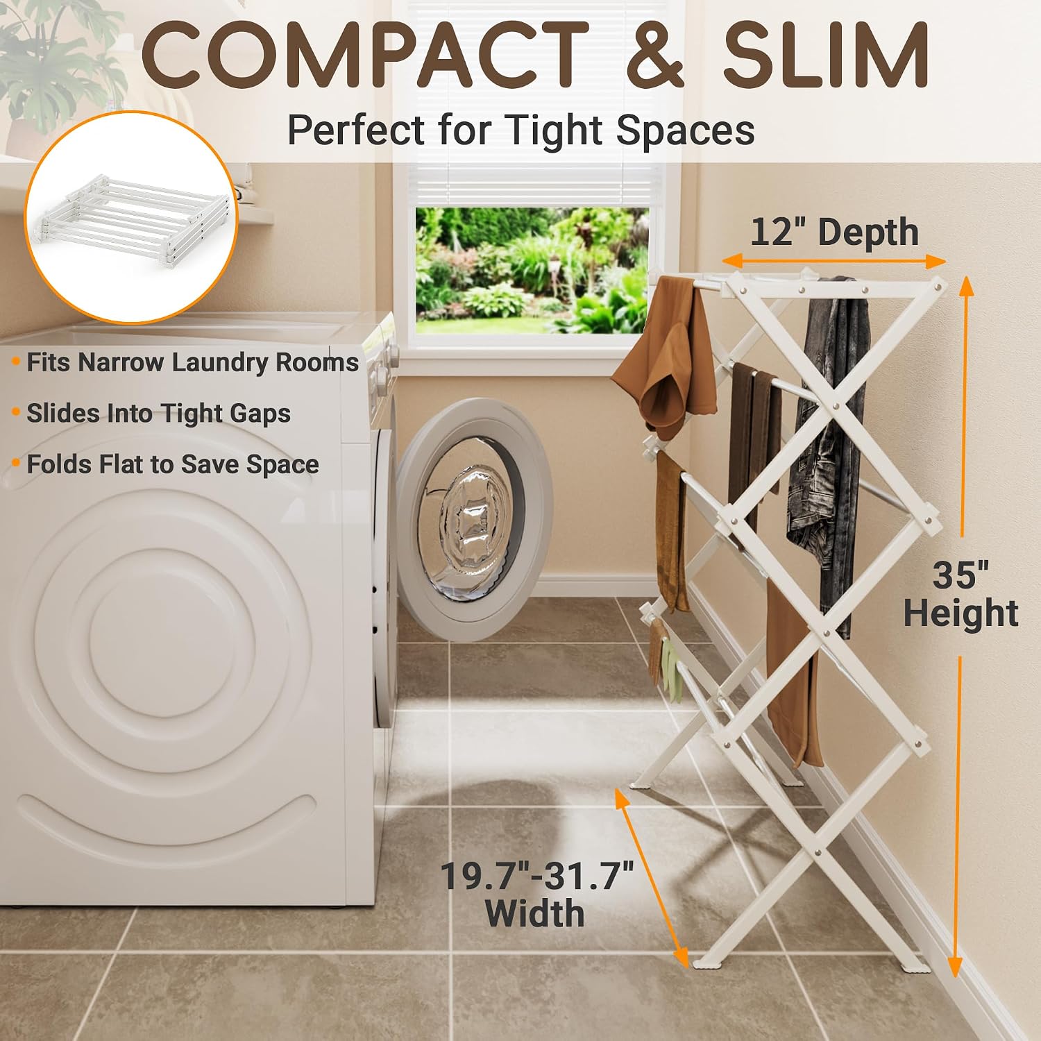 Collapsible Laundry Drying Rack for Small Apartment,35 lbs Carbon Steel with Reinforced Joints, Adjustable Space Saving Indoor Outdoor Rack, No Tools, 17.7"-29" W x 12" D x 35.5" H, White