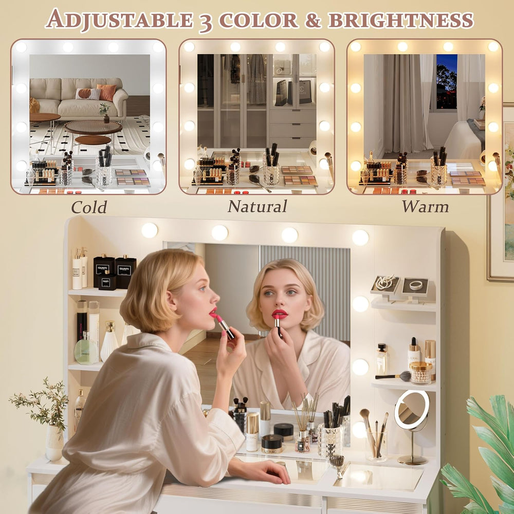 Makeup Vanity with 3-Color Lighted Mirror, Glass Top Makeup Desk with 7 Drawe...