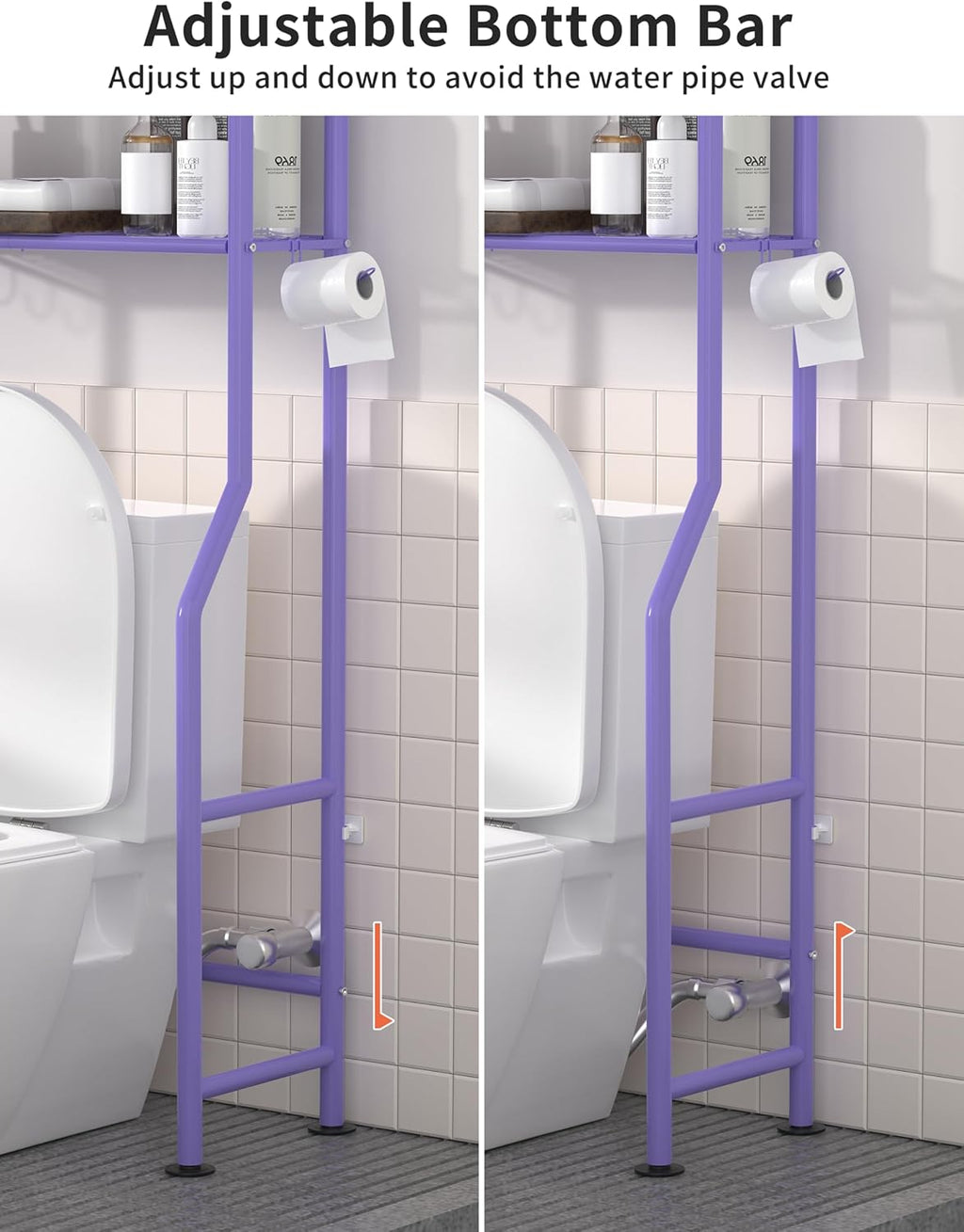 3-Tier Over The Toilet Storage, Freestanding Metal Bathroom Shelves with 4 Hooks, Over Toilet Storage Shelf with Paper Holder, Above The Toilet Shelf for Bathroom Storage, Purple