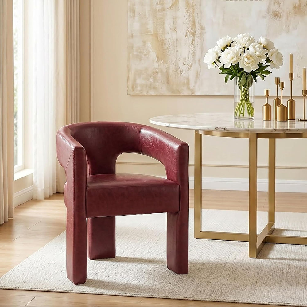 Modern Barrel Dining Chair, Comfy Faux Leather Upholstered Chairs with Open-B...