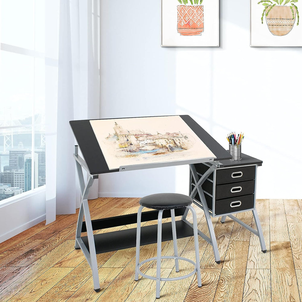 ZENY Drafting Table and Stool, Tilted Draft Table Desk w/Drawers, Artist Draw...