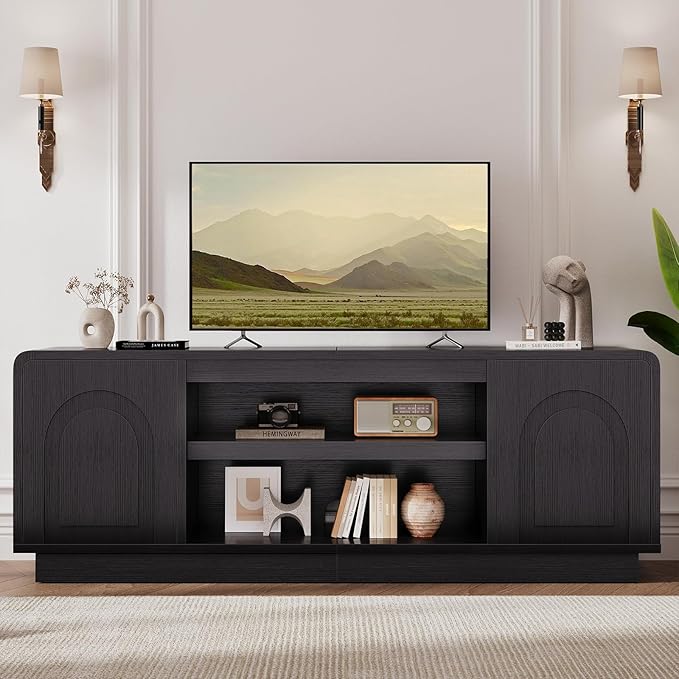 Bestier 63" Mid Century Modern TV Stand for Living Room, Wood Media Console Cabinet for TVs up to 70", Entertainment Center with 2 Arched Doors, Adjustable Shelves & 6 Cable Holes, Black
