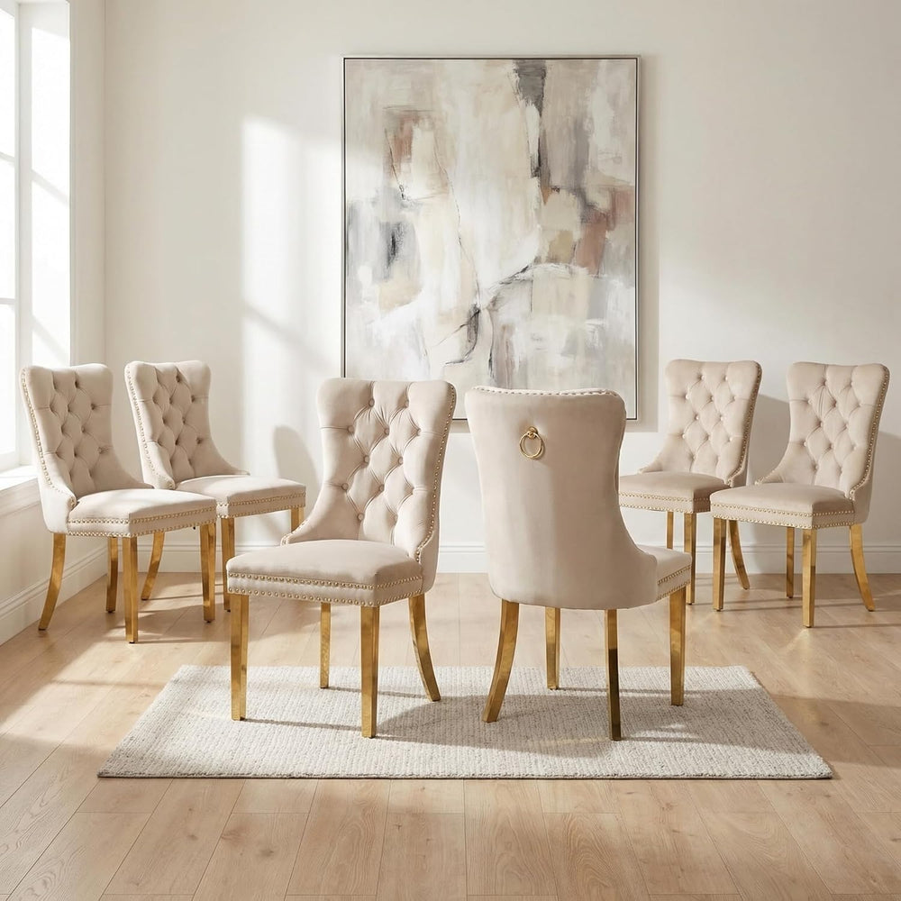 OVENTA Modern Tufted Upholstered Dining Chairs Set of 6, Beige Velvet Dining ...
