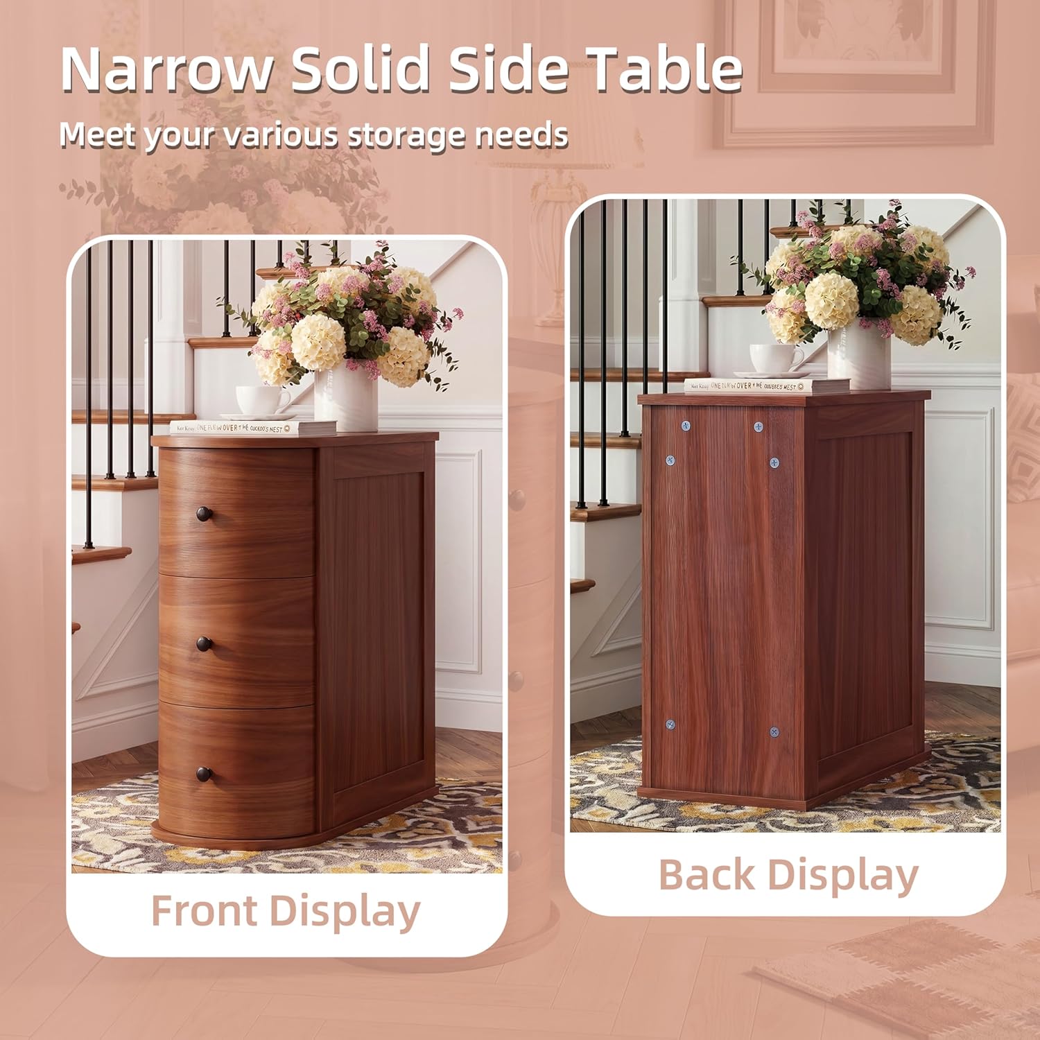 Shintenchi Narrow End Table with 3 Drawers, Vintage Solid Wood Side Table with Storage, Thin Bedside Skinny Night Stand, Slim Nightstand, Small Side Couch Sofa Table for Living Room, Bedroom, Walnut