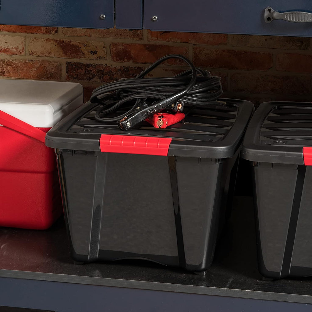 IRIS USA 32 Qt Stackable Plastic Storage Bins with Lids, 6 Pack - BPA-Free, Made in USA - Garage Organizing Solution, Latches, Durable Nestable Containers, Secure Pull Handle - Black