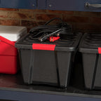 IRIS USA 32 Qt Stackable Plastic Storage Bins with Lids, 6 Pack - BPA-Free, Made in USA - Garage Organizing Solution, Latches, Durable Nestable Containers, Secure Pull Handle - Black
