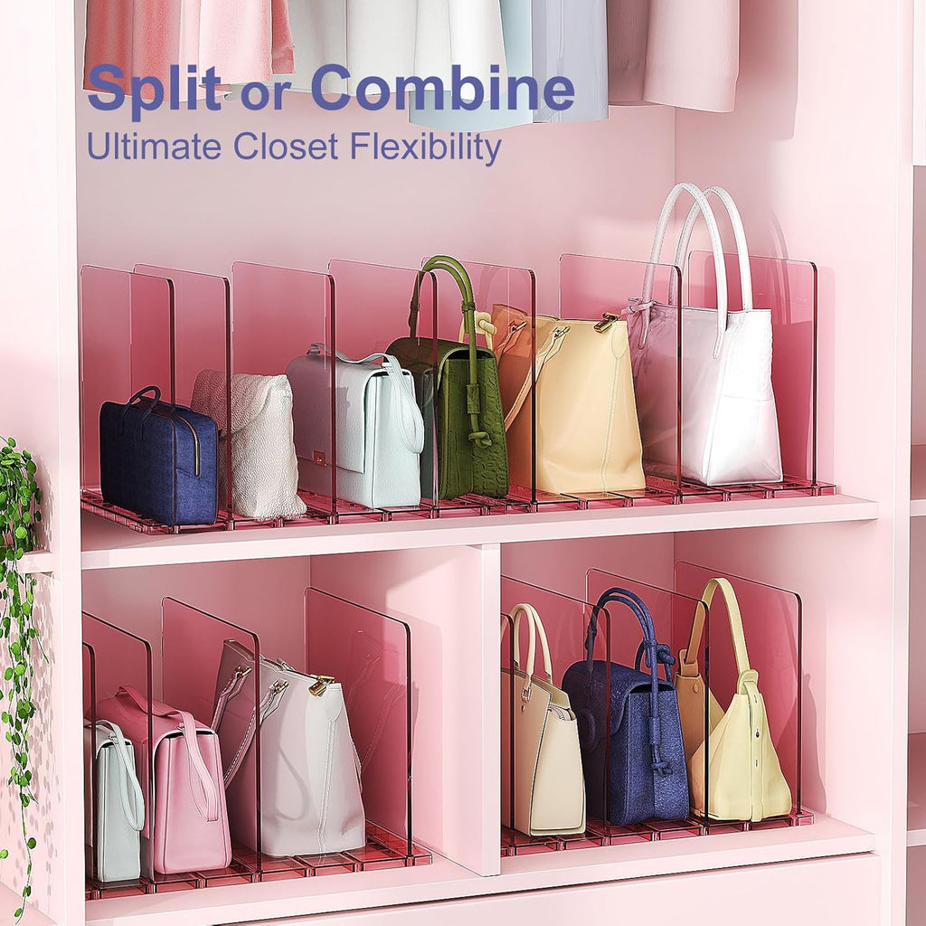 Purse Organizer for Closet: Shelf Dividers Adjustable Acrylic Bag Closet Organizers and Storage Pink 2 Bases 7 Shelves