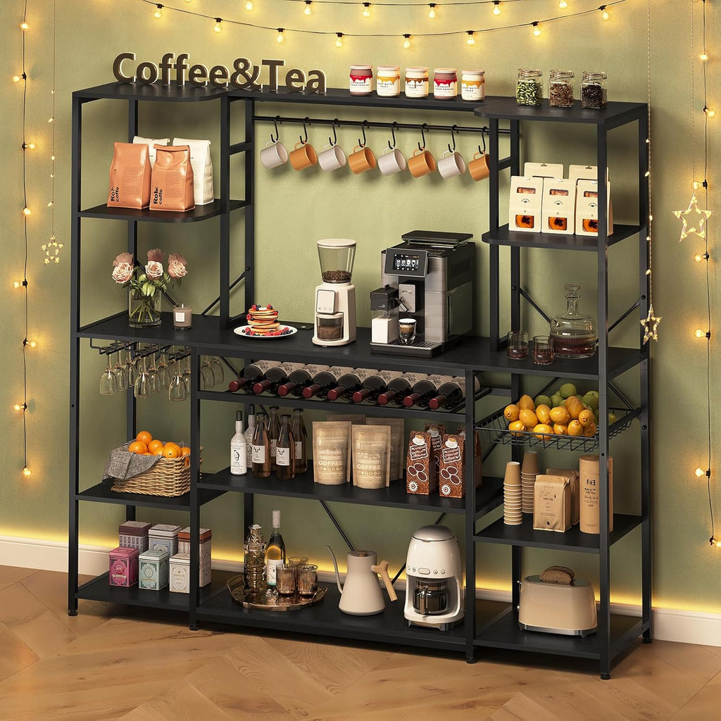 62.4in Large Bakers Rack with Power Outlet, Wide Kitchen Microwave Stand with Storage Shelves, 5-Tier Coffee Bar, Wine Rack, Goblet Holder, 8 Hooks, Wire Basket(Black)