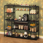 62.4in Large Bakers Rack with Power Outlet, Wide Kitchen Microwave Stand with Storage Shelves, 5-Tier Coffee Bar, Wine Rack, Goblet Holder, 8 Hooks, Wire Basket(Black)
