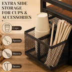 2 Tier Large Tea Bag Organizer with 16 Compartments, Side Cup Holder, Wood and Metal Coffee Bar Storage Station with Pull out Drawers and Top Tray for Countertop Kitchen Office, Rustic Brown