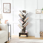 Hoctieon 6 Tier Tree Bookshelf, Tall Bookcase with Drawer, Freestanding Book Shelf, Display Floor Standing Storage Shelf, Book Organizer Shelves for Home Office, Living Room, Bedroom, Grey