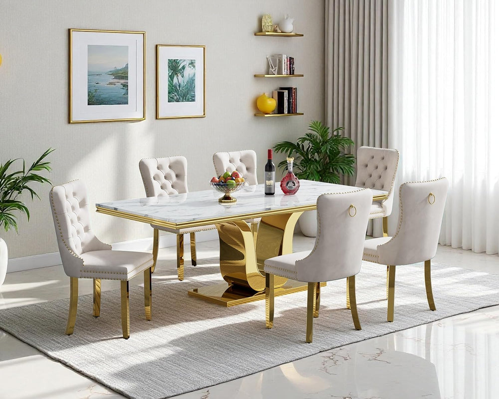 7-Piece Dining Table Set with 6 Beige Upholstered Chairs, 68" White Gold...