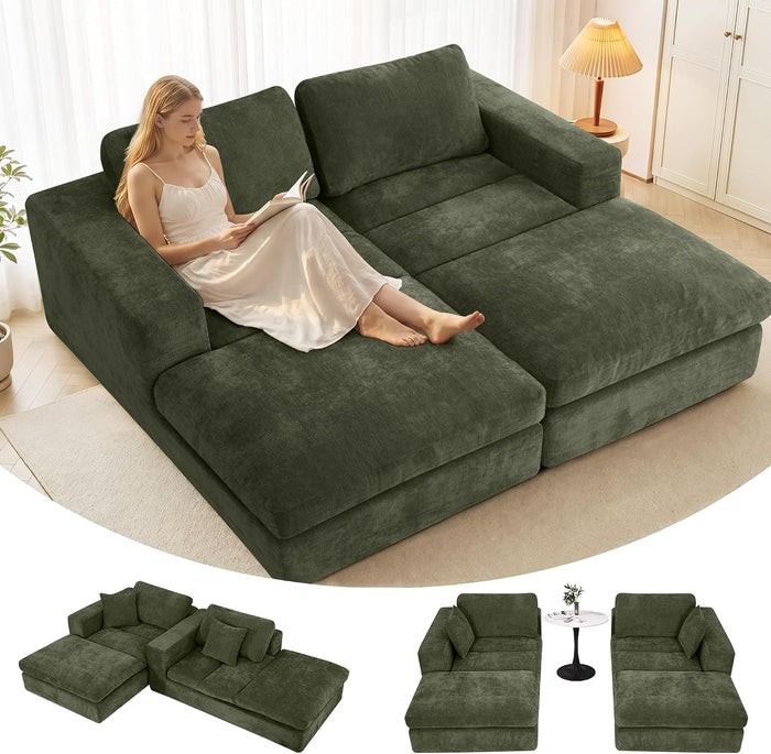 Oversized Double Chaise Lounge Chair, Cloud Boneless Sofa Bed, Green