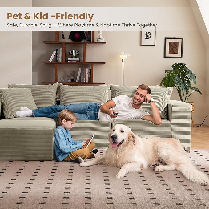 108" L-Shaped Boneless Couch, Modular Sectional Sofa with Moveable Ottoman, Corduroy Cloud Couches for Living Room, No Assembly, Ship in a Box, Camel