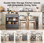 ONBRILL 76" Kitchen Islands with Extendable Dining Table, 2-4 Island Table with Double-Side Storage, Mobile Storage Islands Cart with Power Outlet & Spice Rack, Grey